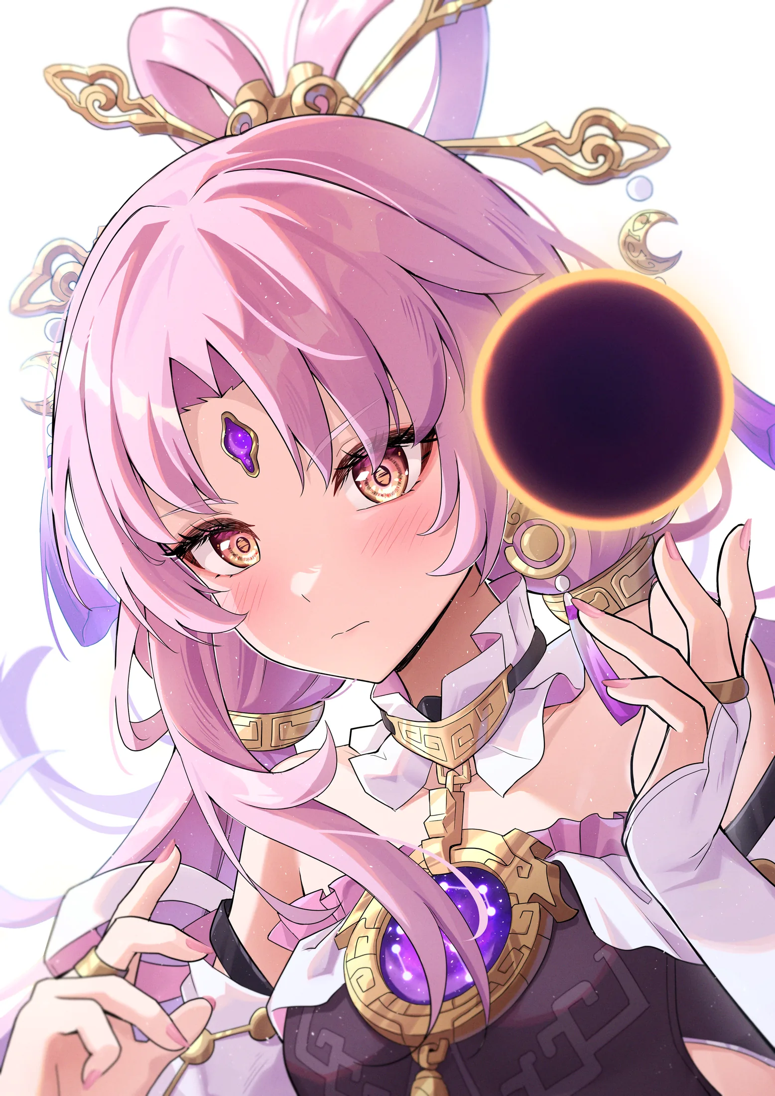 Close portrait of Fu Xuan with pink hair and a golden headpiece, a dark eclipse behind her
