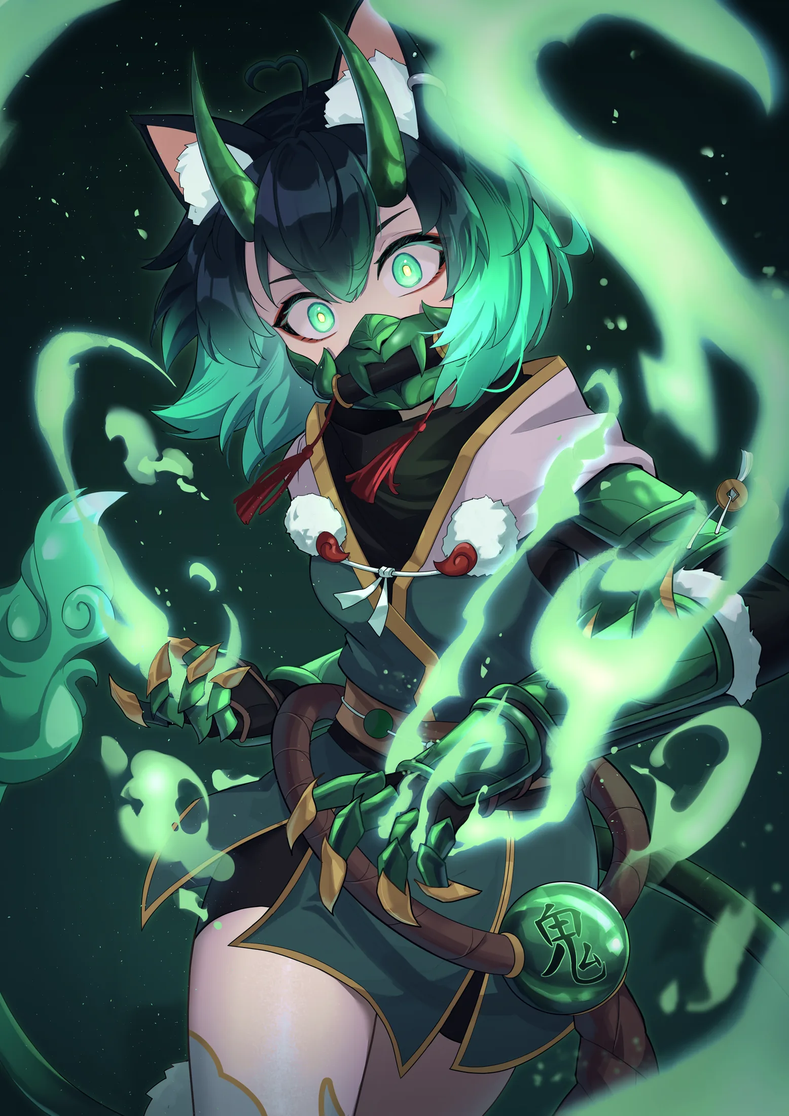 Masked oni girl with green eyes wreathed in swirling jade flames