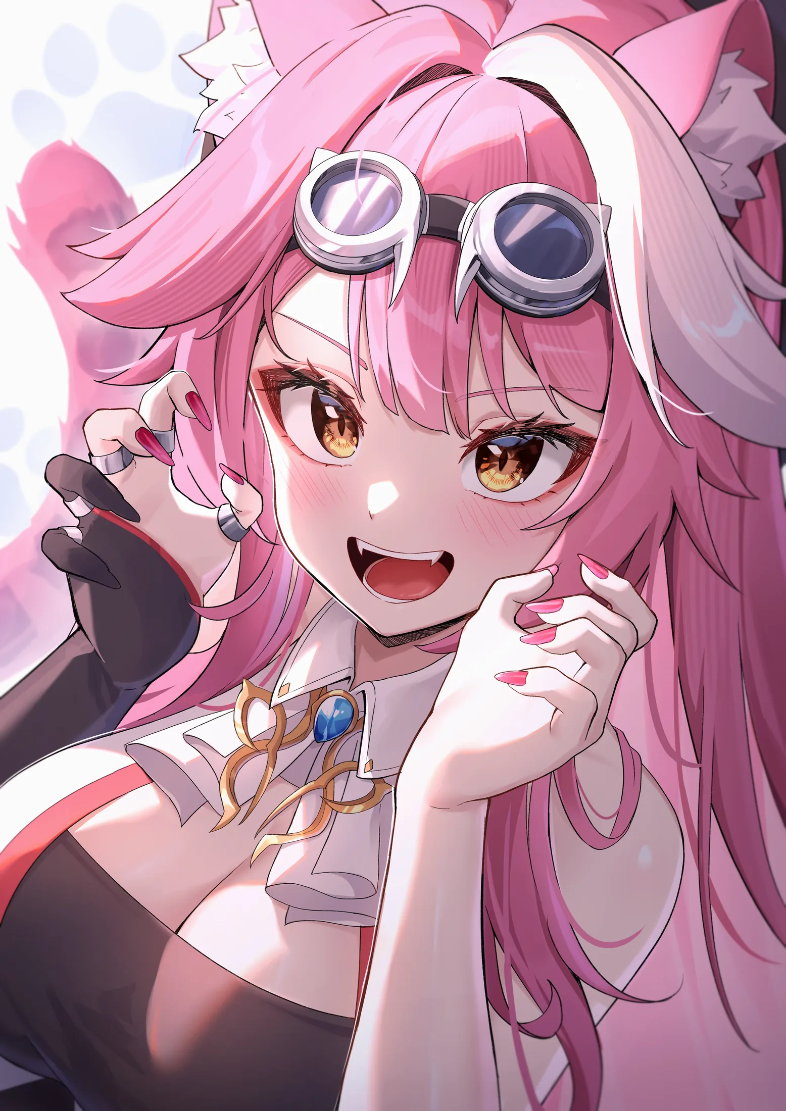 Raora Panthera with pink hair and goggles, grinning with her hands raised like paws