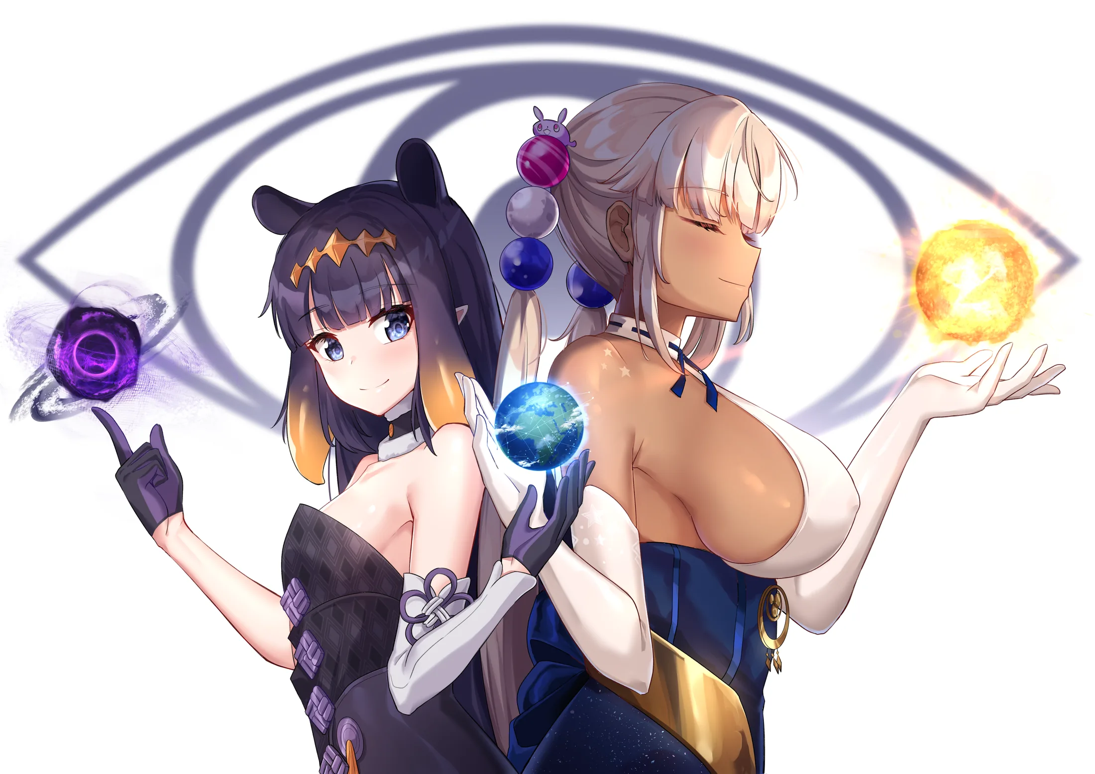 Ninomae Ina'nis and Tsukumo Sana holding glowing planets inside a great eye
