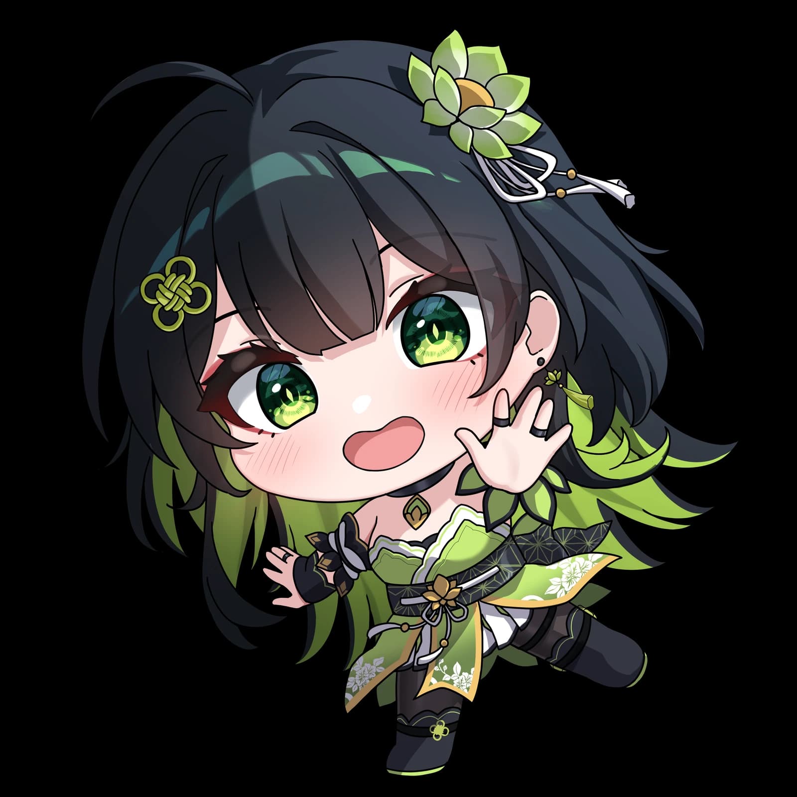 Arden's chibi character waving, in a green and gold outfit with a lotus in her hair